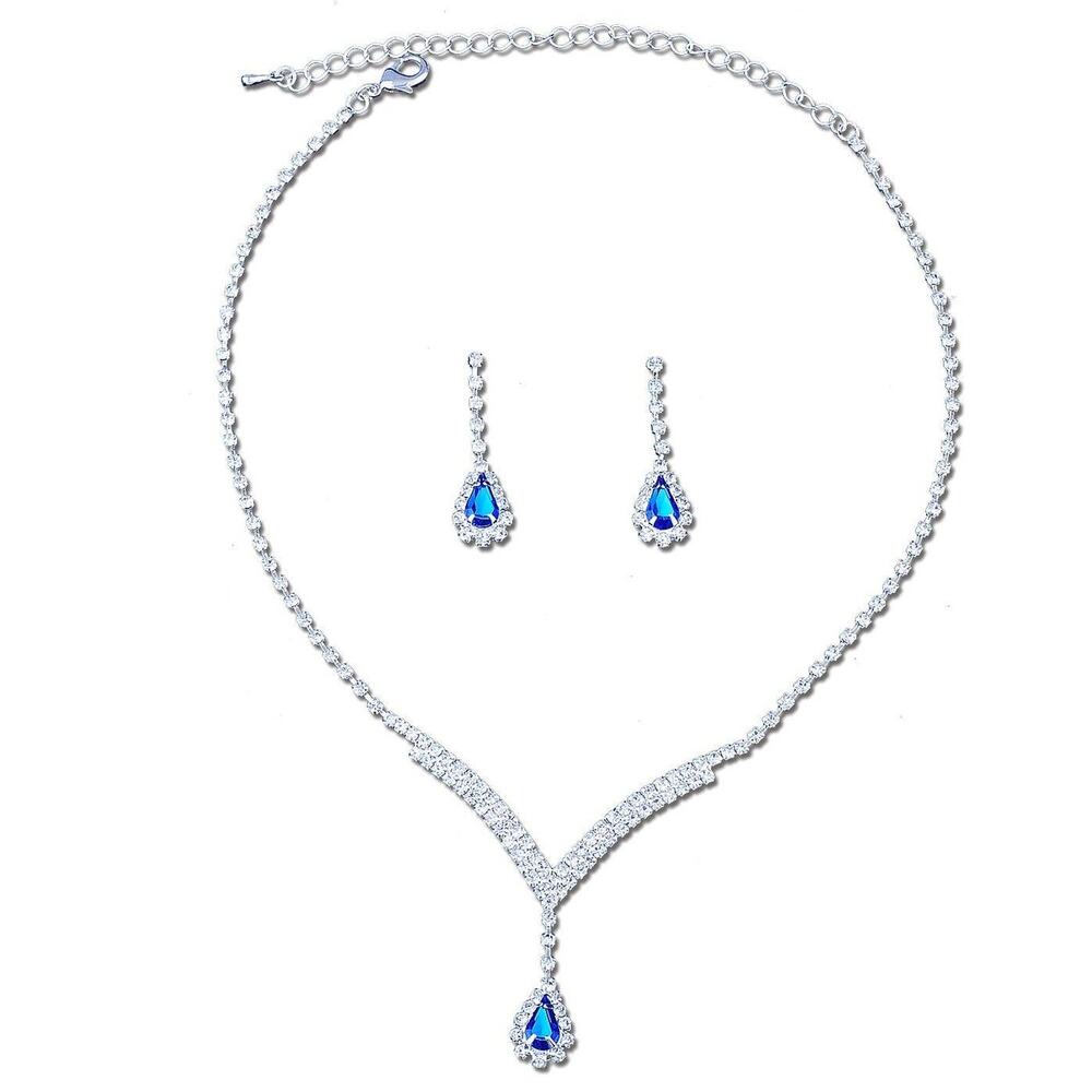 Diacly Necklace Set Y Shape Pear Dangle Women Silver Blue Rhinestone Elegant NWT